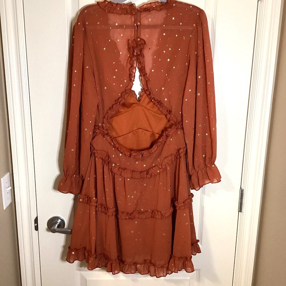 Women's Rusty Glitter Stars Backless Ruffle Sheer Dress Mini V Neck - Picture 7 of 13